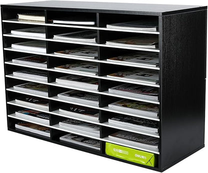 EasyPAG Wooden Literature Organizer with Adjustable Shelves, 27 Compartments Office Paper Organizer Storage 13500 Sheets Letter Size Paper, Student Mailbox for Classroom, Black/White