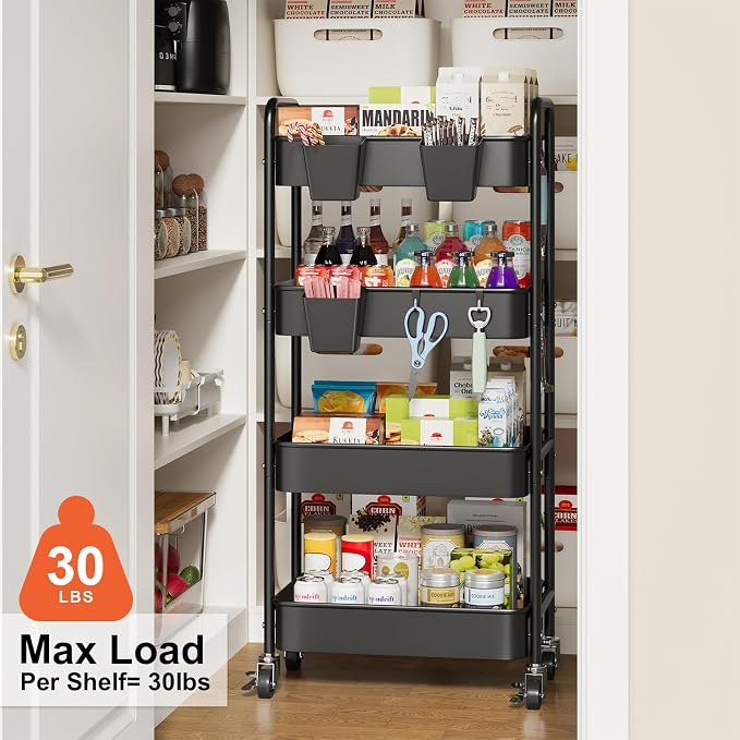 2 Tier Small Rolling Cart Metal with Wheels, Black Under Desk Storage Carts on Wheels, Short Utility Roller Shelf Trolley Organizer for Pantry, Kitchen, Office, Two Tiered Mobile Side Table, 22in Tall