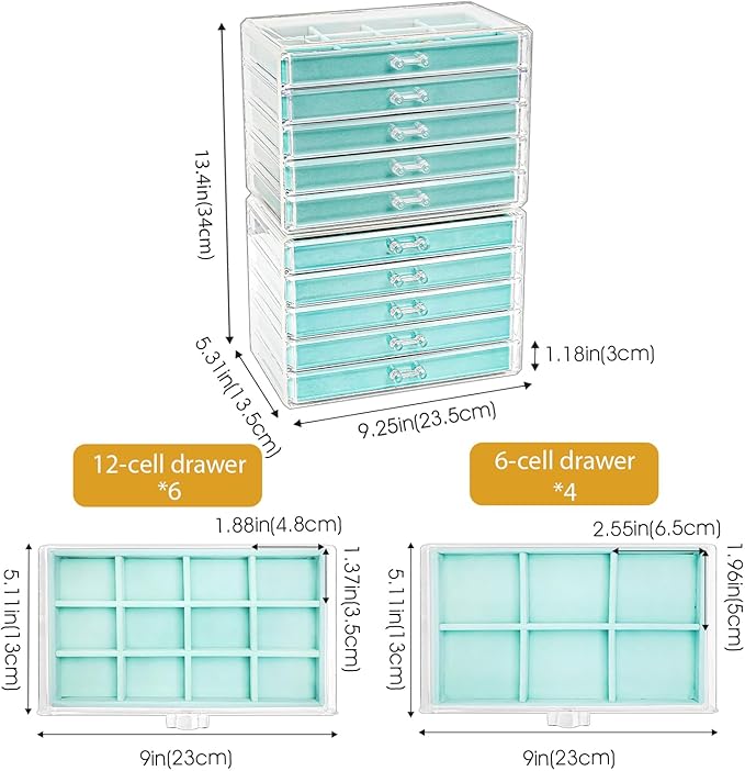 ProCase Earring Holder Organizer Jewelry Box with 10 Drawers, Acrylic Clear Earring Case with Adjustable Velvet Trays for Women - Aqua,10 Layers