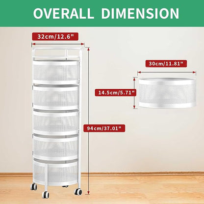 JAQ No Assembly 5-Tier Kitchen Storage Cart with Wheels, Rotating Produce Organizer for Onion, Potato & Vegetable Storage, Large Capacity Pantry Rack, White