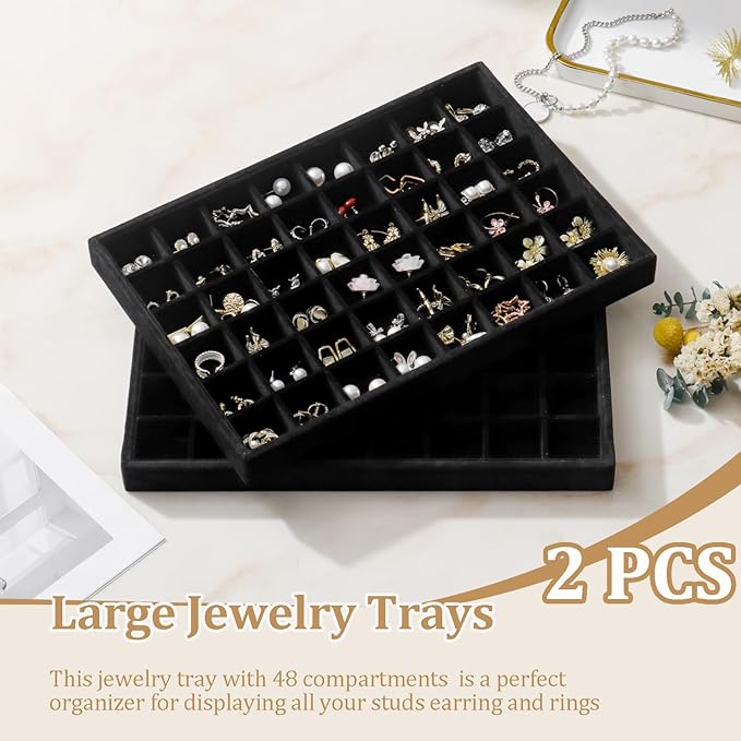 Large Velvet Jewelry Tray 2 Pack Stackable Jewelry Display Drawer Inserts Trays Organizer for Earring Bracelet Necklace Ring (Black, 48 Grids)