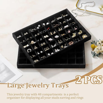 Large Velvet Jewelry Tray 2 Pack Stackable Jewelry Display Drawer Inserts Trays Organizer for Earring Bracelet Necklace Ring (Black, 48 Grids)
