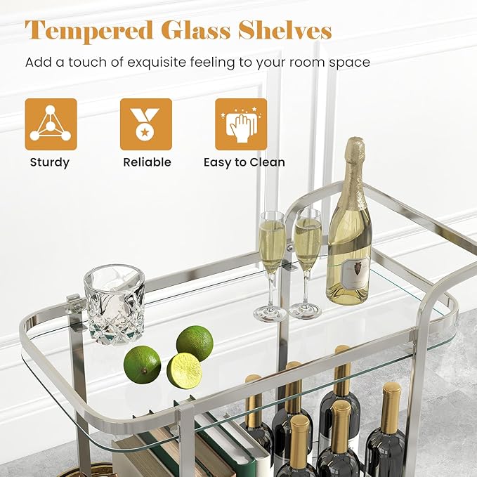Giantex 2-Tier Bar Cart, Stylish Rolling Serving Cart w/Tempered Glass Shelves, 2 Large Aluminum Front Wheels, Stainless Steel Frame, Mobile Storage Shelf, Home Trolley Cart for Kitchen, Dining Room