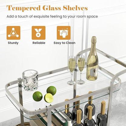 Giantex 2-Tier Bar Cart, Stylish Rolling Serving Cart w/Tempered Glass Shelves, 2 Large Aluminum Front Wheels, Stainless Steel Frame, Mobile Storage Shelf, Home Trolley Cart for Kitchen, Dining Room