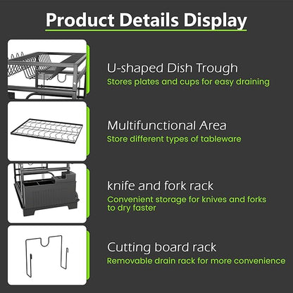 2-Tier Foldable Dish Drying Rack with Drainboard, Stainless Steel Large Capacity Kitchen Counter Organizer with Cup Holder, Utensil & Cutting Board Storage, No Assembly Required, Black
