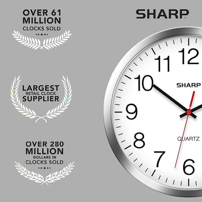 Sharp Wall Clock – Silver/Chrome, Silent Non Ticking 12 Inch Quality Quartz Battery Operated Round Easy to Read Home/Kitchen/Office/Classroom/School Clocks, Sweep Movement