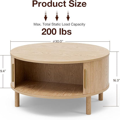 ZttRiee Coffee Table for Living Room, Modern Round Coffee Table with Cabinets & Sliding Doors, Home Small Space, 29.9" Fluted Center Table, Natual