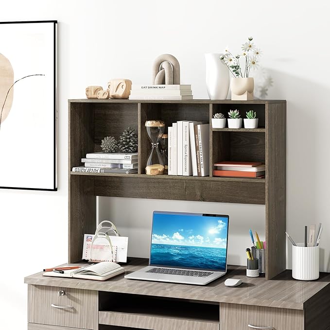 LDAILY Desktop Bookshelf, 2-Tier Office Desk Shelf Organizer with 4 Shelves, 37’’L Wood Storage Rack Display Shelf for Computer Desk, Office, Dorm, Bedroom (Grey)