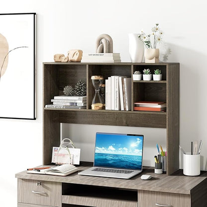 LDAILY Desktop Bookshelf, 2-Tier Office Desk Shelf Organizer with 4 Shelves, 37’’L Wood Storage Rack Display Shelf for Computer Desk, Office, Dorm, Bedroom (Grey)