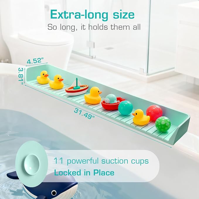 31.5" Bathtub Splash Guard for Kids & Toddlers - Silicone Play Shelf & Toy Storage Tray with Strong Suction Cups to Prevent Water Spills, No-Leak Fun Bath Time - Tub Toy Holder Ledge,Green