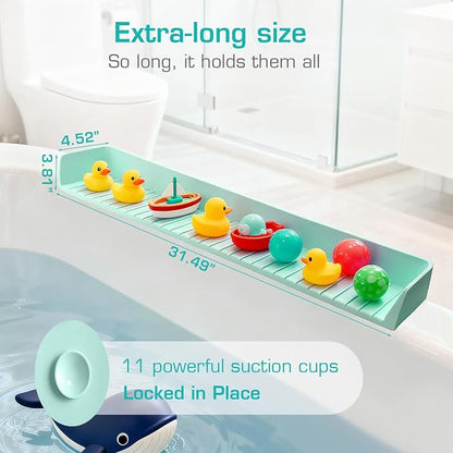 31.5" Bathtub Splash Guard for Kids & Toddlers - Silicone Play Shelf & Toy Storage Tray with Strong Suction Cups to Prevent Water Spills, No-Leak Fun Bath Time - Tub Toy Holder Ledge,Green