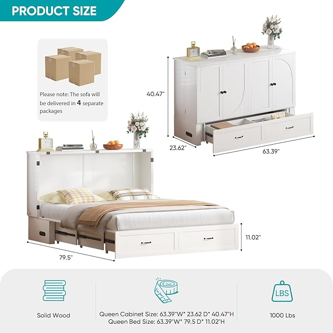 BALUS Murphy Bed Queen with USB Charging Station, Murphy Cabinet with Tri-Folding Foam Mattress and 2 Storage Drawers, Hideaway Foldable Wall Cabinet Bed Chest for Living Room Bedroom Office, White