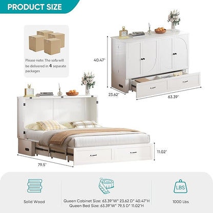 BALUS Murphy Bed Queen with USB Charging Station, Murphy Cabinet with Tri-Folding Foam Mattress and 2 Storage Drawers, Hideaway Foldable Wall Cabinet Bed Chest for Living Room Bedroom Office, White