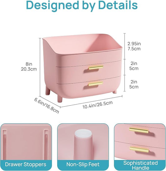 Vtopmart 3-Tier Skincare Makeup Organizer with Drawers for Vanity and Bathroom Countertop, Large Cosmetic Storage Box Case for Dresser, with Non-Slip Base, Pink