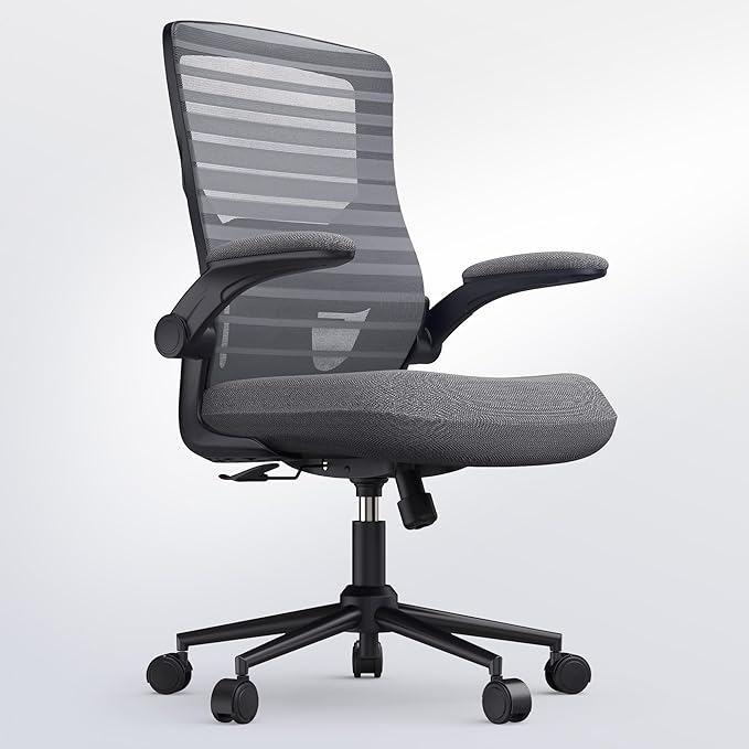 Office Desk Chair for Long Hours & Lower Back Pain Relief – 4“ Thick Molded Foam Cushion, Enhanced Lumbar Support, Padded Flip-up Armrests, New Year Workspace Upgrade, Dark Gray
