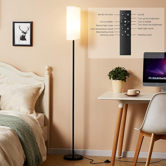 Ambimall Floor Lamps for Living Room, 64" Modern Floor Lamp with Remote Control and Stepless Dimmable Colors Temperature & Brightness, Standing Lamps for Living Room Bedroom Office, 9W Bulb Included