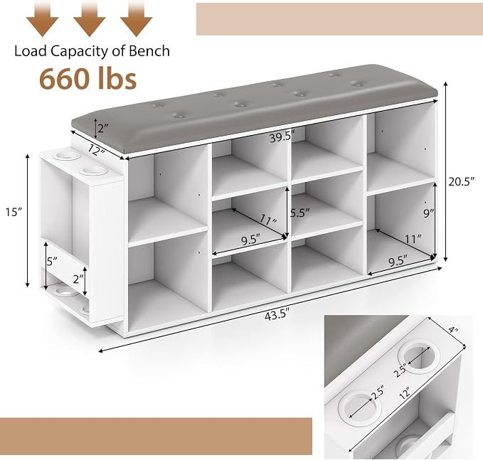 Tangkula Shoe Storage Bench with Umbrella Stand, 10-Cube Entryway Bench with Adjustable Shelf & Padded Cushion, Cubby Shoe Rack Organizer for Bedroom & Checkroom, Rustic Brown & Black (White)