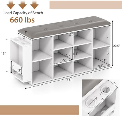 Tangkula Shoe Storage Bench with Umbrella Stand, 10-Cube Entryway Bench with Adjustable Shelf & Padded Cushion, Cubby Shoe Rack Organizer for Bedroom & Checkroom, Rustic Brown & Black (White)