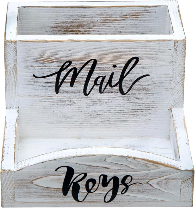 MyGift Shabby Whitewashed Solid Wood Mail Holder and Key Organizer Entryway Storage Tray with Cursive Mail and Keys Word Design, Office Desktop Organizing Bin
