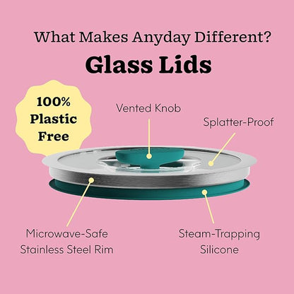 Anyday 4-Pc Microwave Cookware & Glass Food Storage Set with Glass Lids | Medium Plastic-Free Containers | Stackable Steamer with Vented Lid for Microwave-Safe Reheating & Steaming Vegetables, Rice