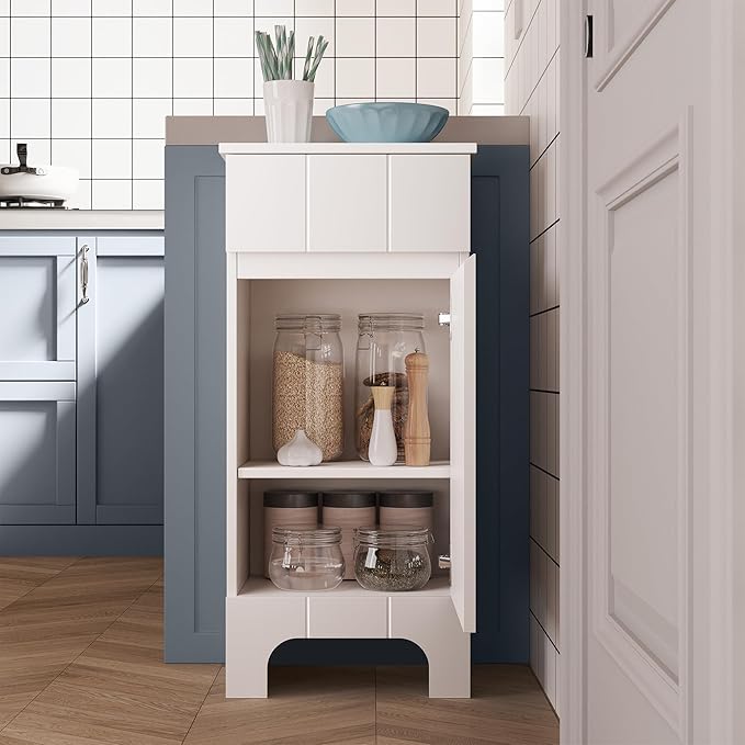 Small Bathroom Cabinet with Adjustable Shelves, Drawer, Anti-Tip Design, 14.96" L x 11.81" W x 32.09" H, Durable MDF for Bathroom, Kitchen, Laundry, Soft-Close Door