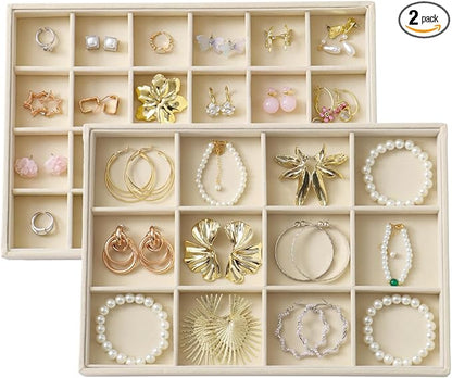 Large Velvet Jewelry Tray 2 Pack Stackable Jewelry Display Drawer Inserts Trays Organizer for Earring Bracelet Necklace Ring (Beige, 12 Grids+24 Grids)