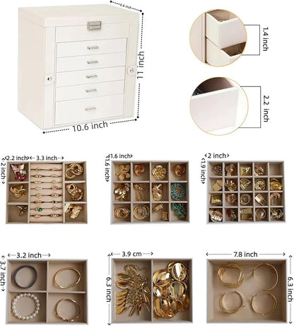 BOOVO Jewelry Box For women, 6 Layer Large Jewelry Organizer With Mirror, Multi-Function Storage Box With Lock, Accessory Holder With 5 Drawers, For Earrings Necklace Ring Bracelet (Pearl White)