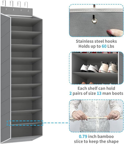 REGELETO 10 Tiers Large Size Over Door Shoe Organizer Storage, Hanging Shoe Rack for Door with Deep Pockets, Fit 20-30 Pairs Shoe Organizer Holder for Sneakers and Boots (Grey)