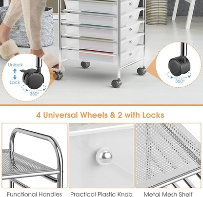 RELAX4LIFE Storage Cart W/10 Drawers,Rolling Wheels Semi-Transparent Multipurpose Mobile Cart for School, Office, Home, Beauty Salon Files Arrangement Storage Organizer Cart (Clear)