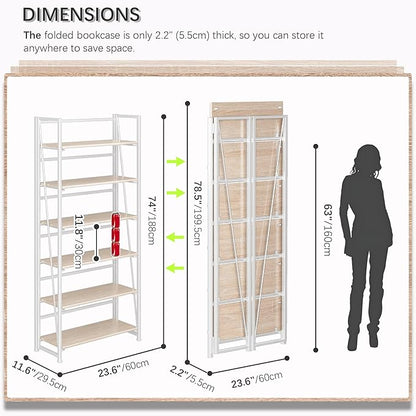 4NM No Assembly Folding Bookshelf, 6-Shelf 74" H Collapsible Foldable Bookcase Storage for Small Spaces, Natural White