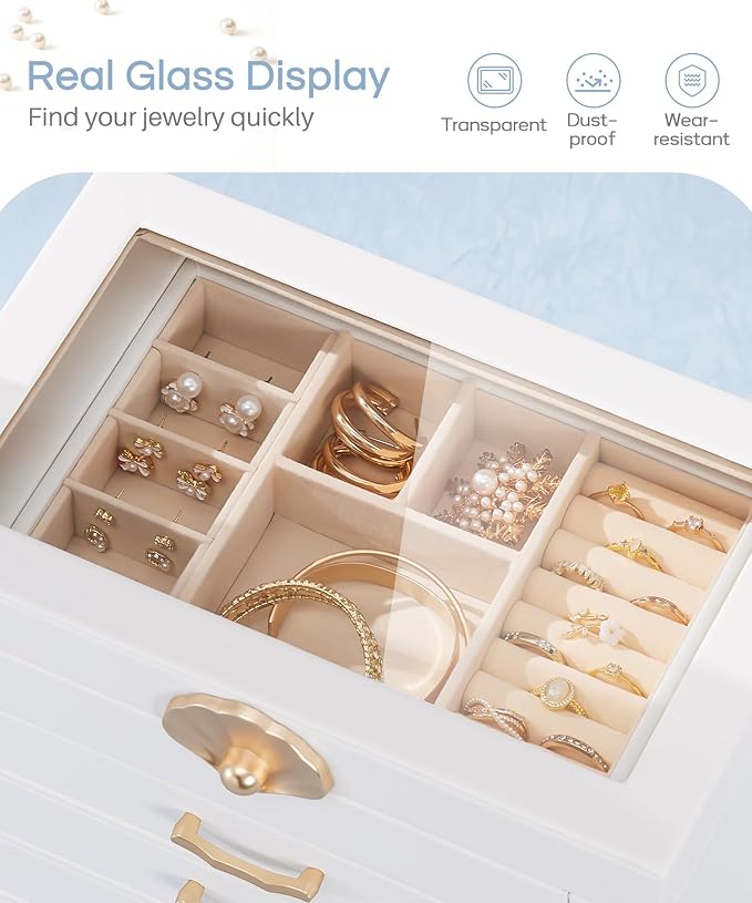 Jewelry Box with 4 Drawers: Display Organizer for Earrings Necklaces - Christmas Gifts for Girls Women (White)