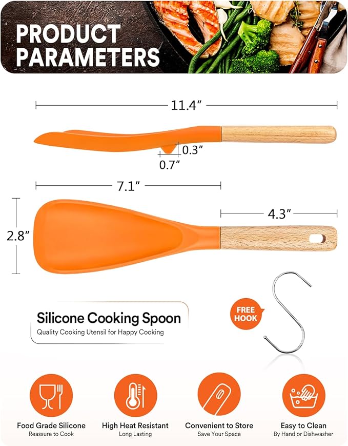 Cooking Spoon for Nonstick Cookwares, Great for Cooking and Serving Sturdy BPA-Free Matte Silicone, Wood Handle Spoon for Mixing, Scoop, and Scrape (ORANGE, 11.4 inch)