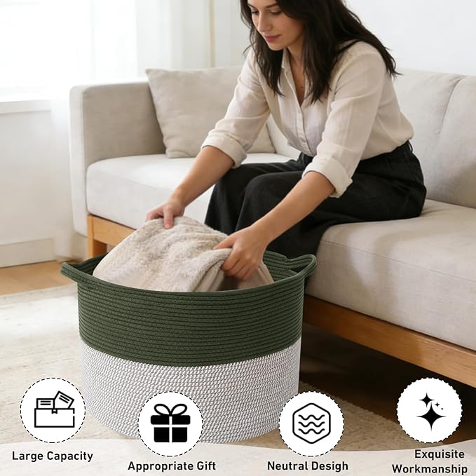 65L Large Blanket Basket,Woven Rope Laundry Basket Hamper with Handles,Decorative Nursery Basket Storage Bin for Toys, Pillows , Clothes Organizer, Living Room, Bedroom, Bathroom, Green&White
