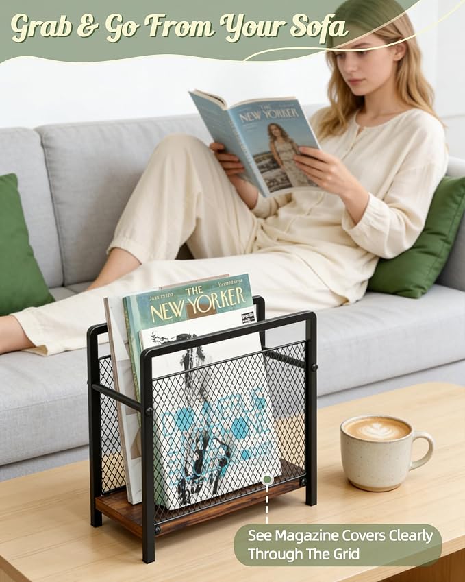 Magazine Holder, Magazine Rack Floor, Metal Mesh with Wood Base Magazine Storage Basket, Folder Organizer Bin for Books, Newspapers, Mails, Files, Dark Brown