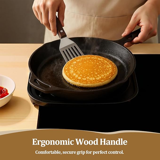 Fish Spatula Wide Slot, Premium Stainless Steel with Wood Handle for Flipping Fish, Eggs, Pancakes & Burgers (Large)