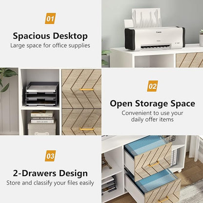 Tribesigns 2 Drawer File Cabinet, Large Mobile Lateral Filing Cabinet for Letter Size, Printer Stand with Storage Shelves and Rolling Wheels for Home Office (White)