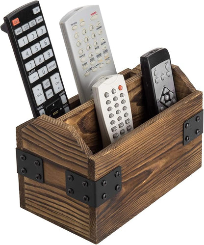 MyGift Wood TV Remote Control Holder, Remote Organizer Storage Caddy for Table with 2 Compartments and Decorative Black Metal Wrap Accents, Rustic Burnt