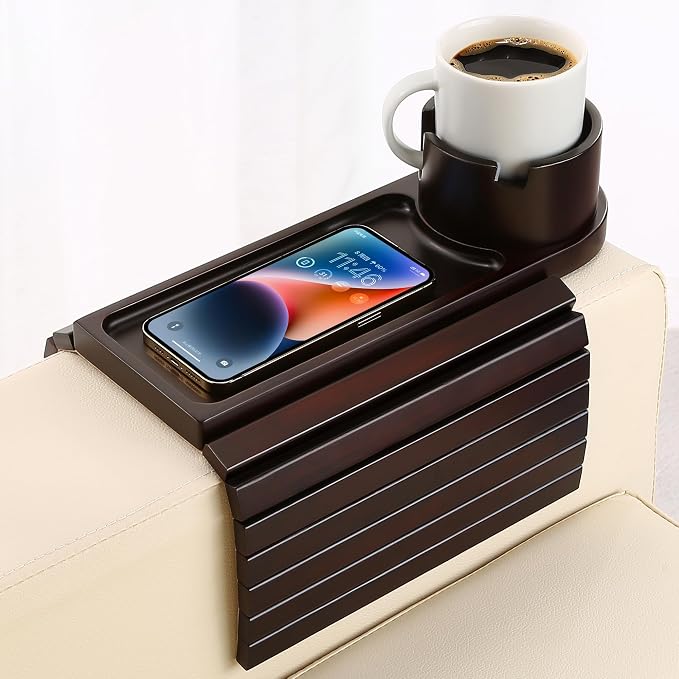 Couch Cup Holder Tray, 15.75" Bamboo Cup Holder for Couch, 3 in 1 Foldable Arm Chair Clip on Side Tray Table for Remote Snack Table on Armrest