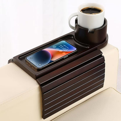 Couch Cup Holder Tray, 15.75" Bamboo Cup Holder for Couch, 3 in 1 Foldable Arm Chair Clip on Side Tray Table for Remote Snack Table on Armrest
