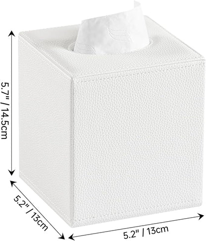 JLAMBOM PU Leather Tissue Box Cover Square Tissue Box Holder with Magnetic Closure, Decorative Tissue Holder for Bathroom Bedroom Office (White)