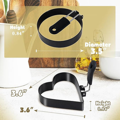2-Pack Round+Heart Egg Rings Set with Silicone Handle, Stainless Steel Egg Cooking Rings，Nonstick，For Frying Eggs and English Muffins Pancake, Egg Mold Shaper For Breakfast