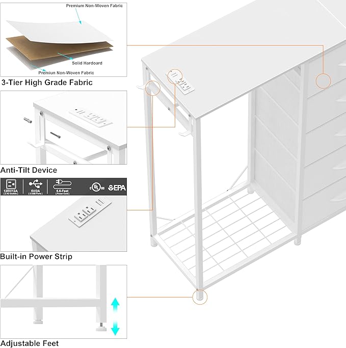 Dresser for Bedroom with Clothes Rack 5 Drawer Dresser with Charging Station LED Lights White Chest of Drawers Flexible Shelf and Open Storage Space for Bedroom Living Room (White)