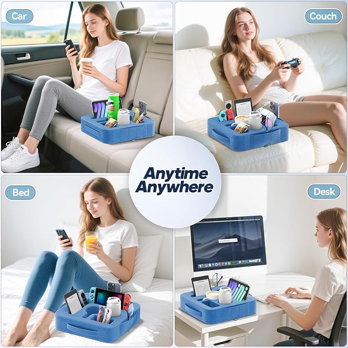 Couch Cup Holder Pillow, Sofa and Bed Caddy for iPad, Kindle, Switch, Game Controller, Remotes, Phones, Small-Sized Cup and Drink Holder for Couch, Bed, Desk, Car, Beach, Bathroom Cup Holder, Blue