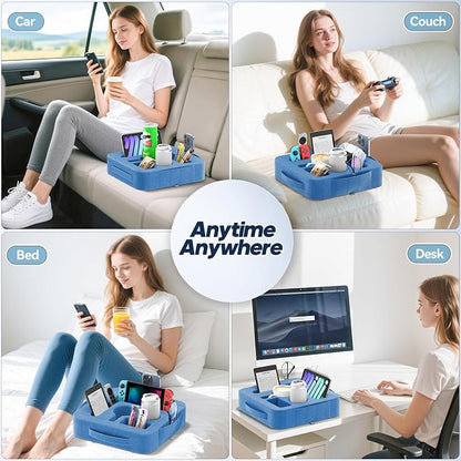 Couch Cup Holder Pillow, Sofa and Bed Caddy for iPad, Kindle, Switch, Game Controller, Remotes, Phones, Small-Sized Cup and Drink Holder for Couch, Bed, Desk, Car, Beach, Bathroom Cup Holder, Blue