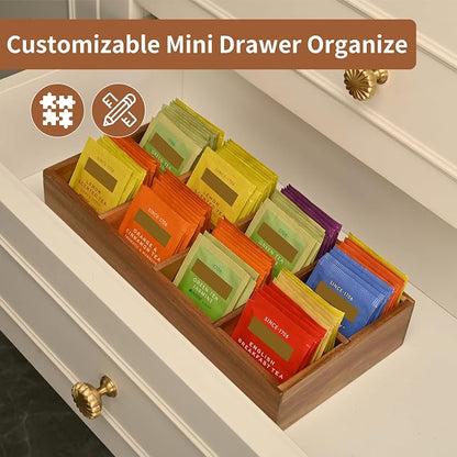 Acacia Wood Tea Bag Organizer with 8 Slots – Tea Bag Holder and Tea Organizer, Sugar Packet Storage for Countertops, Set Of Two