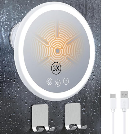 Gospire 3X Magnifying Heated Shower Mirror Fogless for Shaving, 5000mAh Battery, 360° Swivel & Magnetic Design, 8.3” Anti-Fog Shower Shaving Mirror with 3 Color Lights, Includes 2PCS Adhesive Hooks
