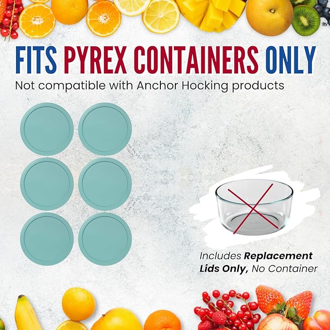 Replacement Lids fits Pyrex 6 & 7-Cup Glass Food Storage Container Bowls, 7.5-Inch Plastic Round Lids Covers for Pyrex 7402-PC, Airtight & Leakproof (6-Pack, Turquoise)