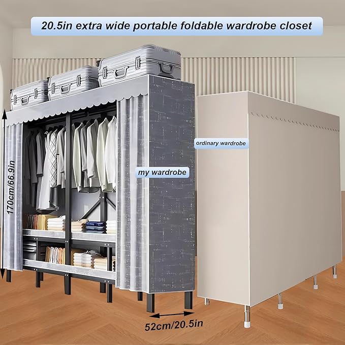 59.1in Heavy Duty Portable Closet with Cover 2000Ibs Foldable Covered Clothes Rack for Hanging Armoire Wardrobe Closet System Freestanding Coat Storage Garment Racks (Grey, 59.1in/150cm)