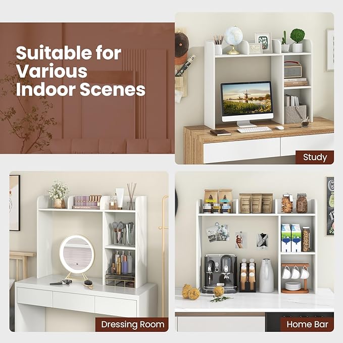 Desk Hutch, Desktop Shelf with 5 Shelves, Desk Bookshelf w/Anti-Toppling Devices, Wood Table Top Bookshelf Organizer, Small Desk Shelf for Study, Office, Dorm (White, 5 Shelves)