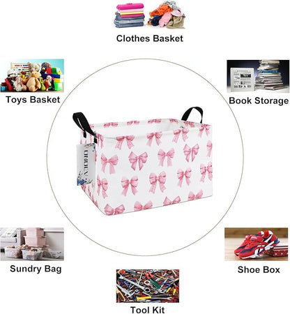Rectangular Pink Bow Storage Basket,Collapsible Storage Bin for Nursery,Cute Bow Toy Storage Organizer for Kids Girls,for Home,Bedroom,Playroom,Closet,New Parent Gift(Pink Knot)